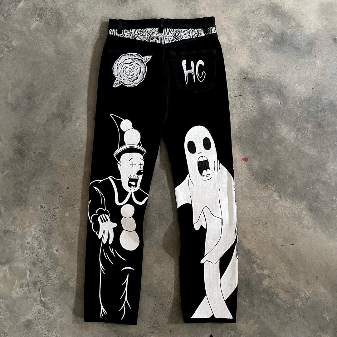 Devil clown graffiti casual street denim trousers