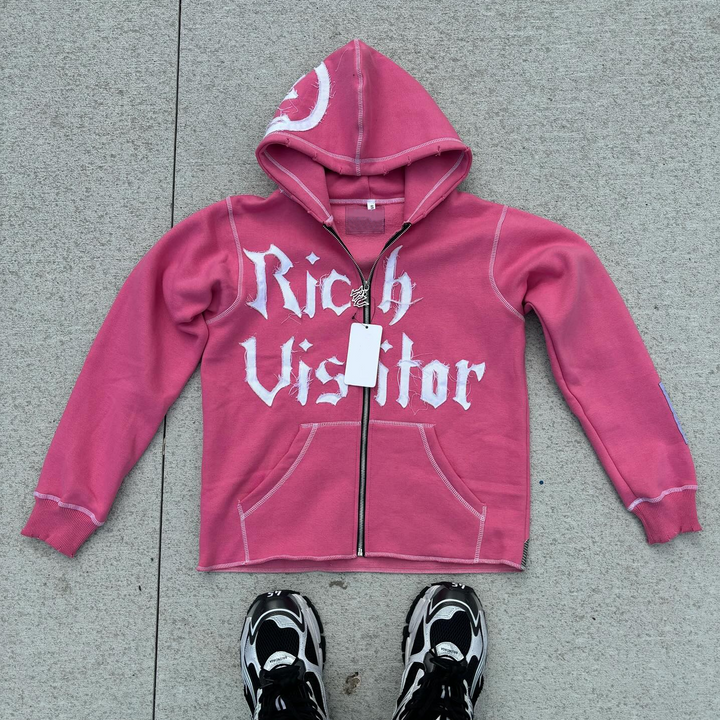 Vintage Patched Zip-Up Hoodie