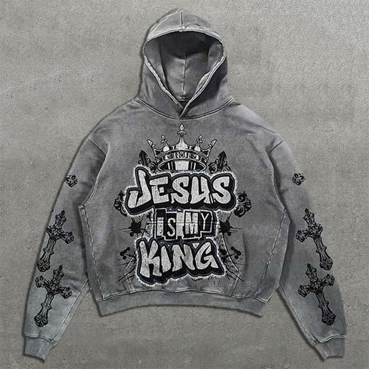 Jesus Is My King Faux Decal Print Long Sleeve Hoodies