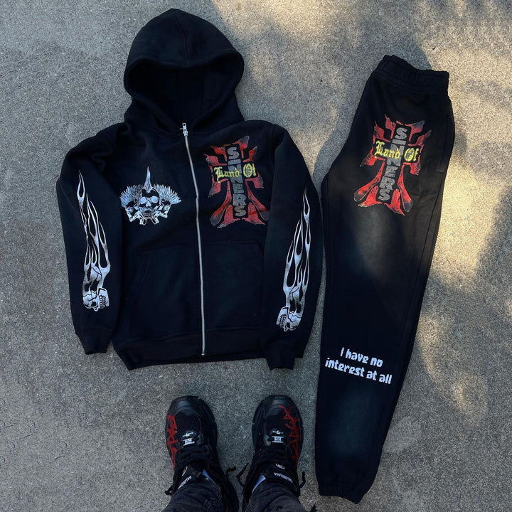 Land Of Sinners Printed Zipper Hoodie Sweatpants Two Piece Set