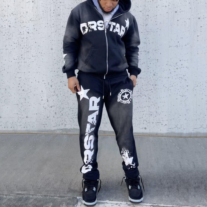 Drstar Print Zipper Hoodie Sweatpants Two Piece Set