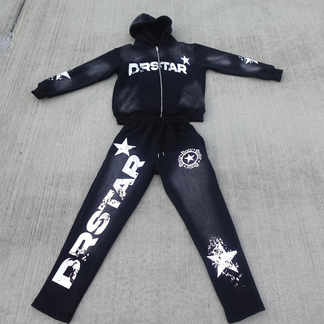 Drstar Print Zipper Hoodie Sweatpants Two Piece Set