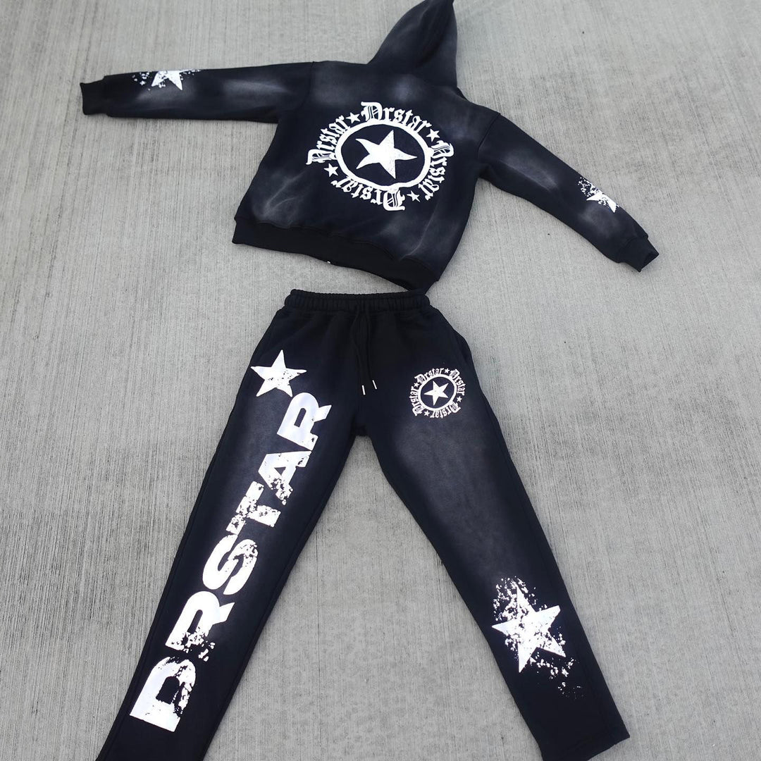 Drstar Print Zipper Hoodie Sweatpants Two Piece Set