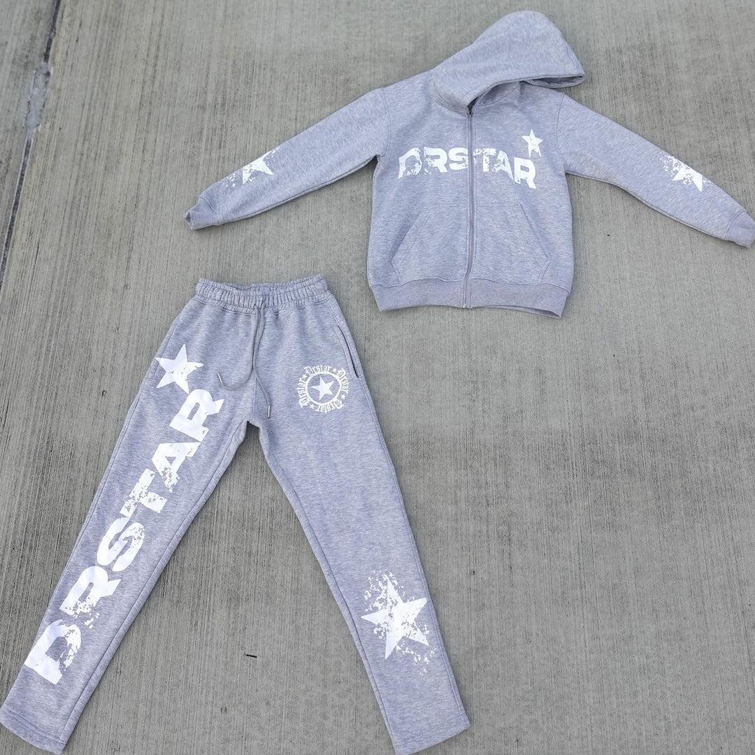 Drstar Print Zipper Hoodie Sweatpants Two Piece Set