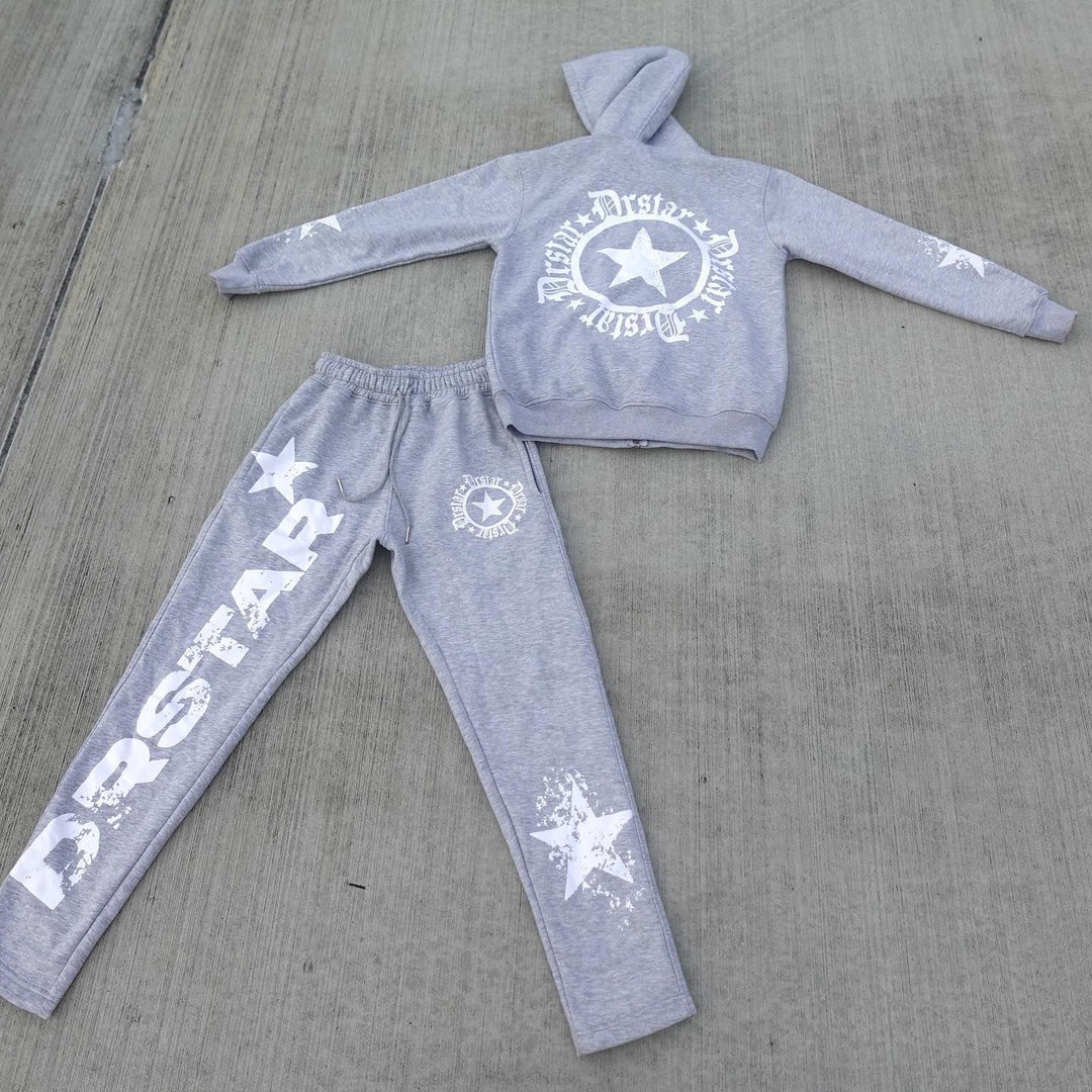 Drstar Print Zipper Hoodie Sweatpants Two Piece Set