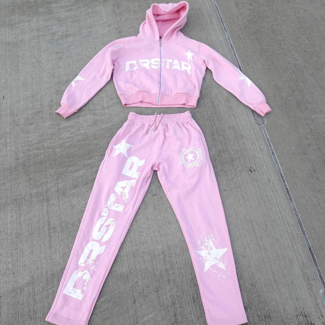 Drstar Print Zipper Hoodie Sweatpants Two Piece Set