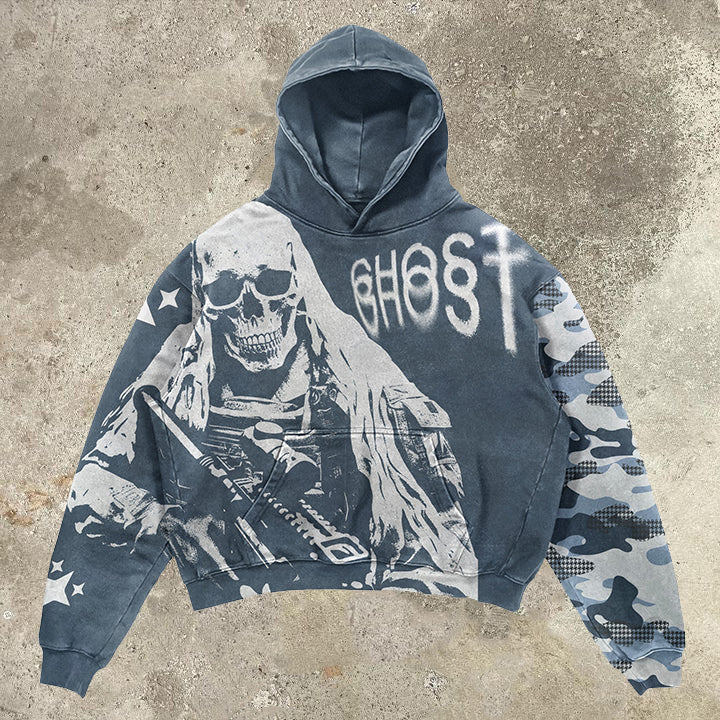 Grim Reaper Casual Street Skull Wash Hoodie