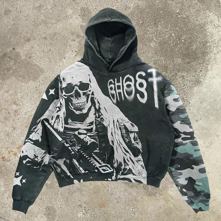 Grim Reaper Casual Street Skull Wash Hoodie