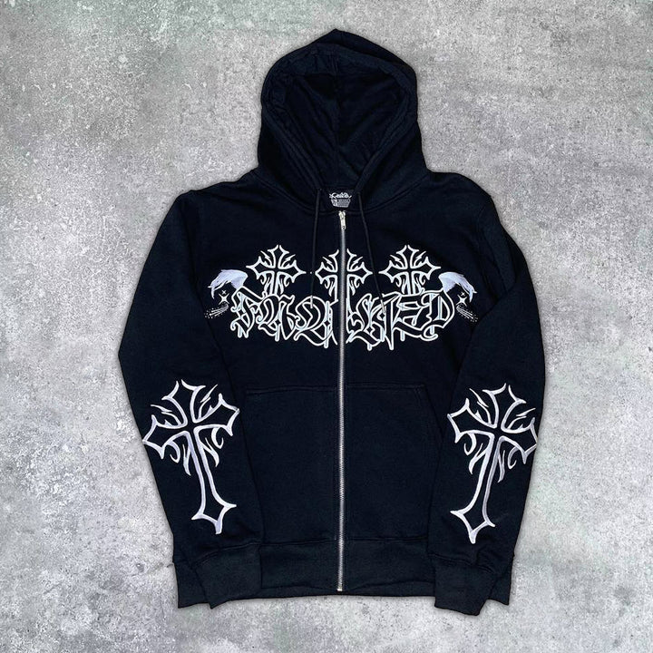 Cross Print Casual Street Zip Hoodie