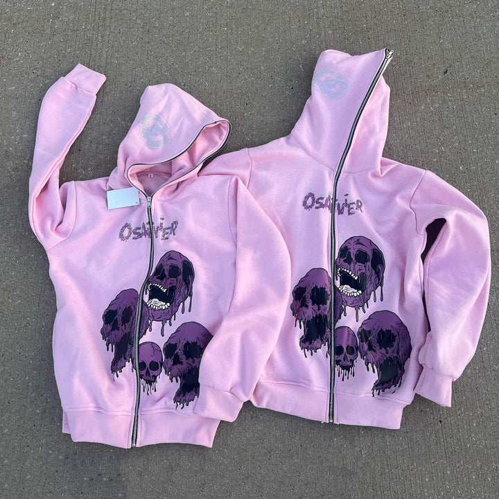 Pink Skull Island print casual street cotton full zip hoodie