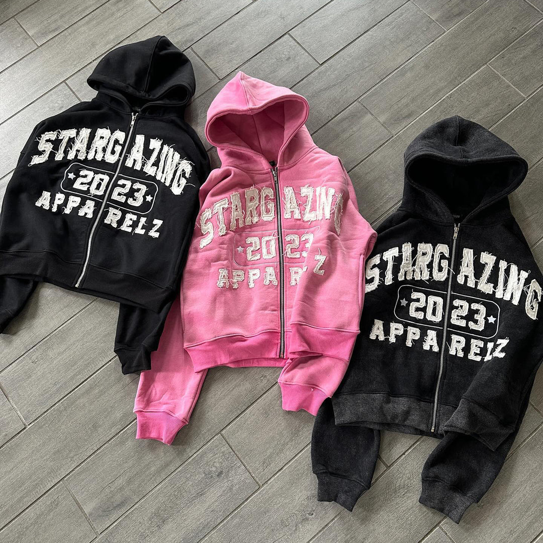 Personalized street style letter pattern zipper patch hoodie