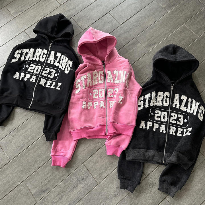 Personalized street style letter pattern zipper patch hoodie