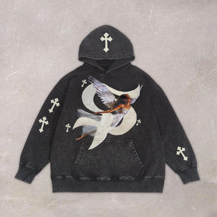 Vintage Washed Angel Cross Hoodie