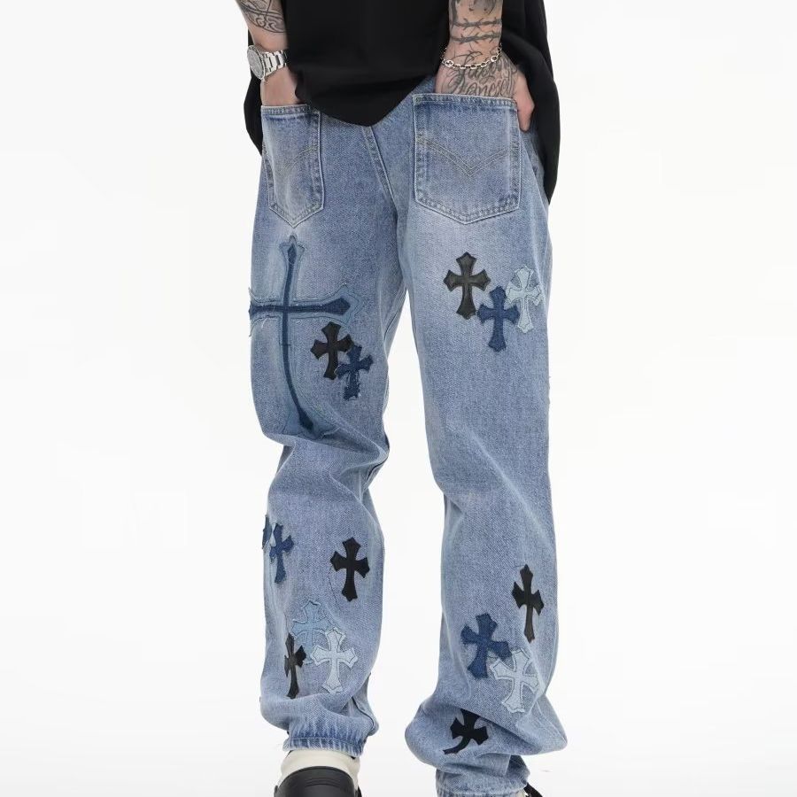 cross embroidered jeans