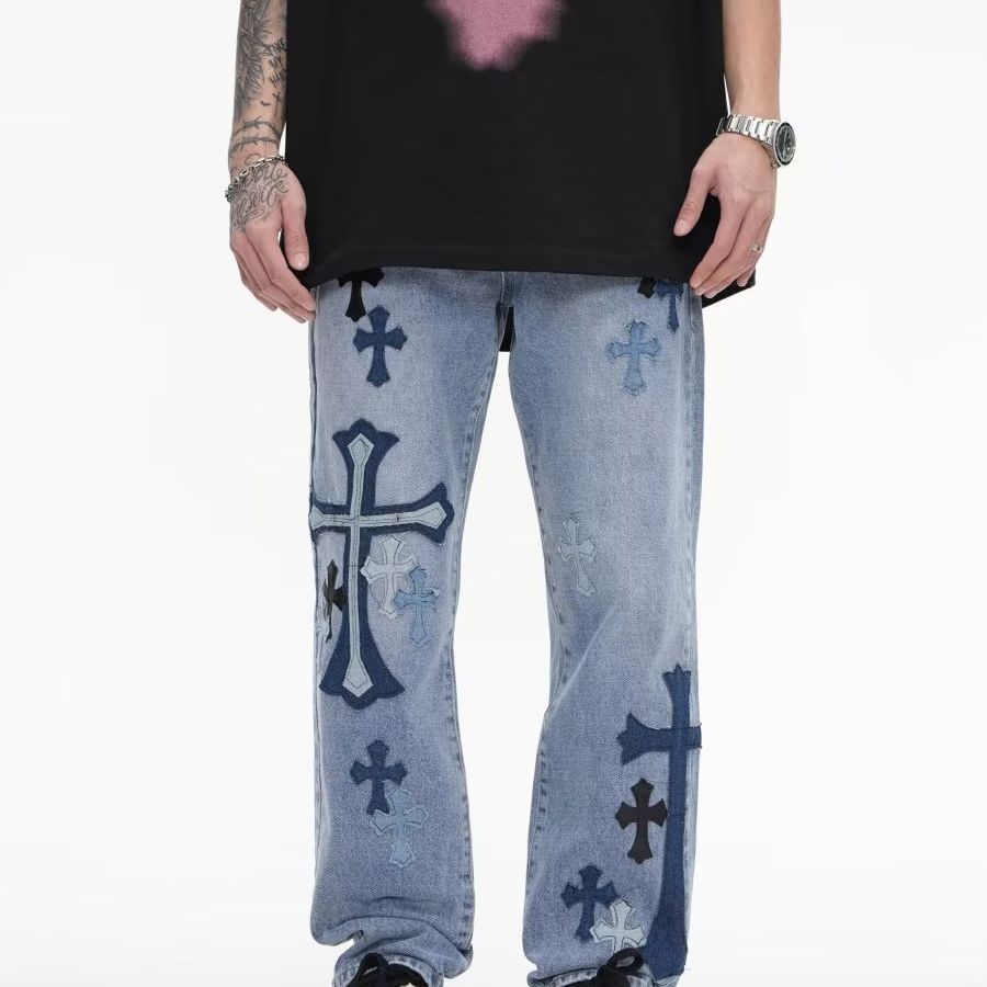 cross embroidered jeans