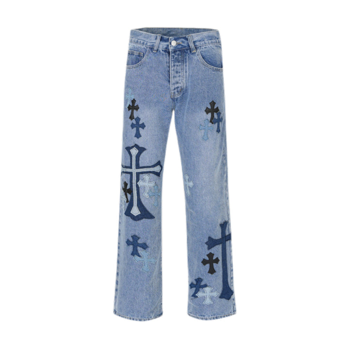 cross embroidered jeans