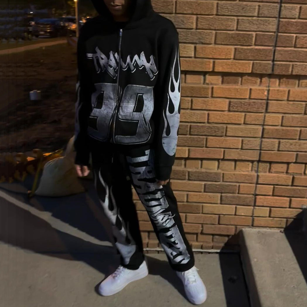 Trauma 99 Print Zipper Hoodie Sweatpants Two Piece Set