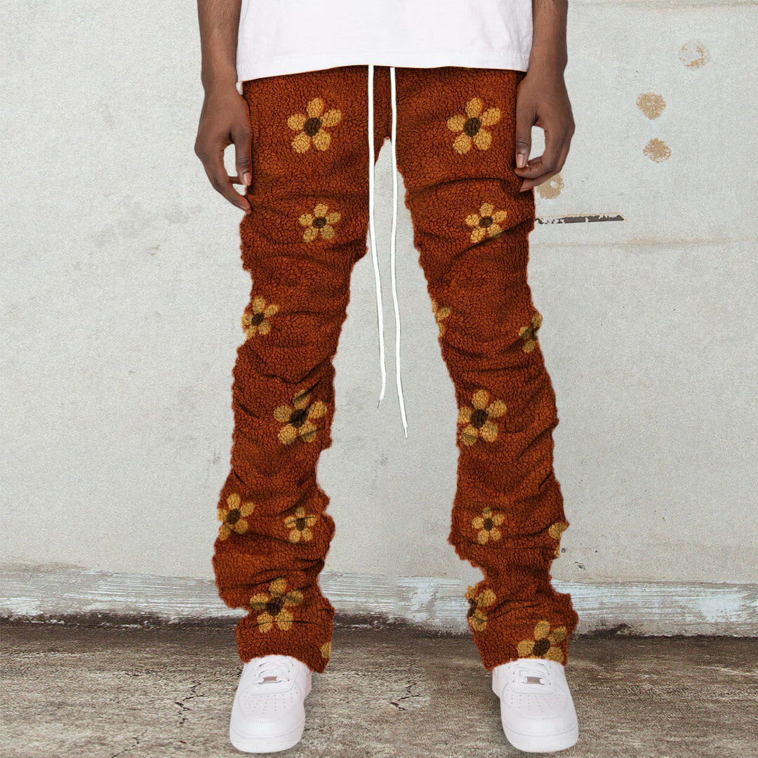 Plush polar fleece printed casual street pants