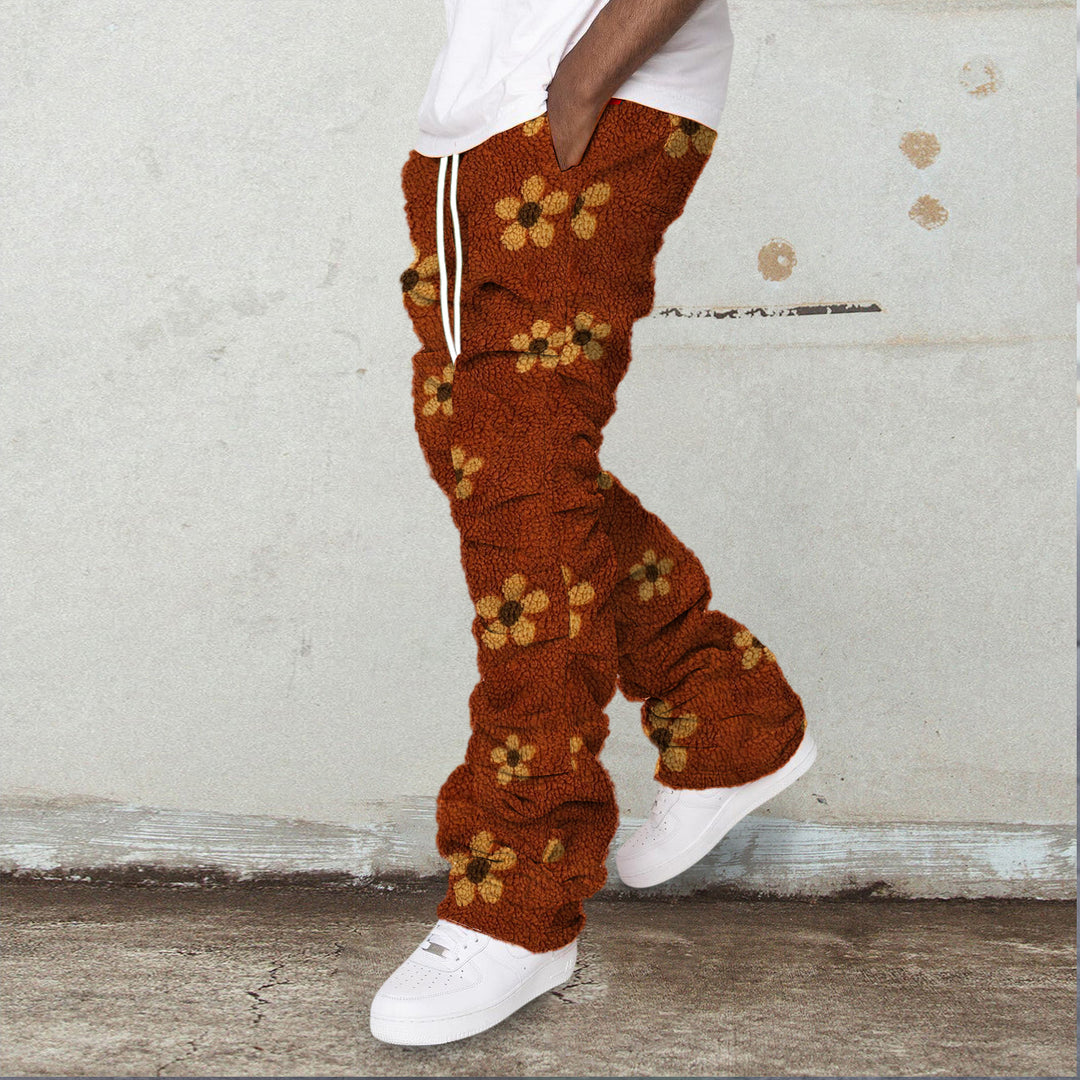 Plush polar fleece printed casual street pants