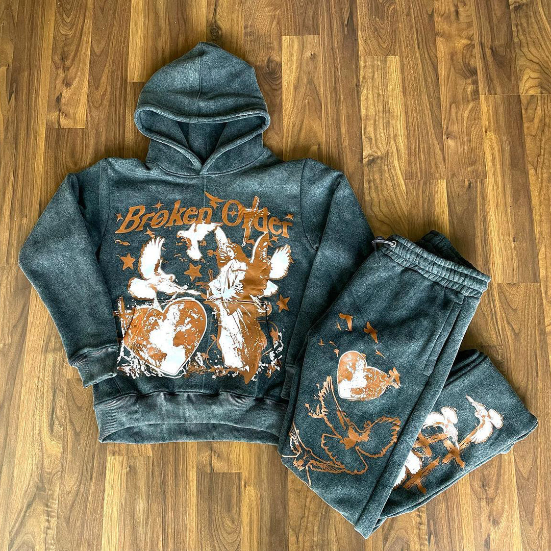 Stylish Retro Print Angel Hoodie Set