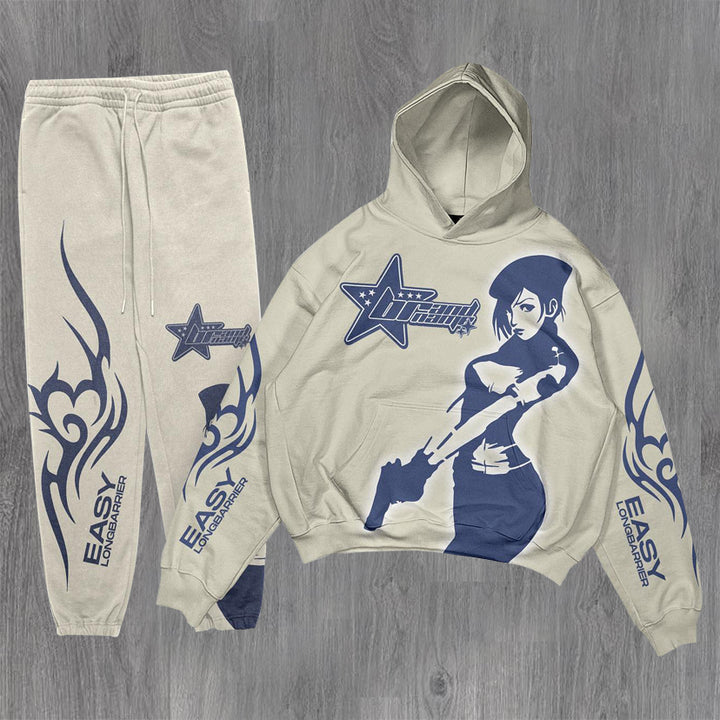 Personalized retro print hoodie track suit