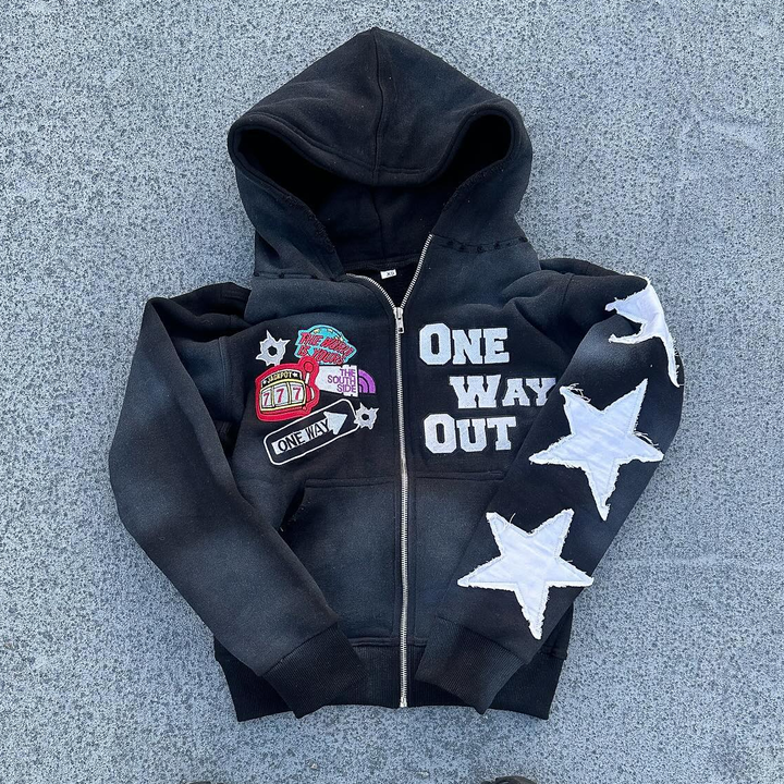 Streetwear Patched Zip-Up Hoodie