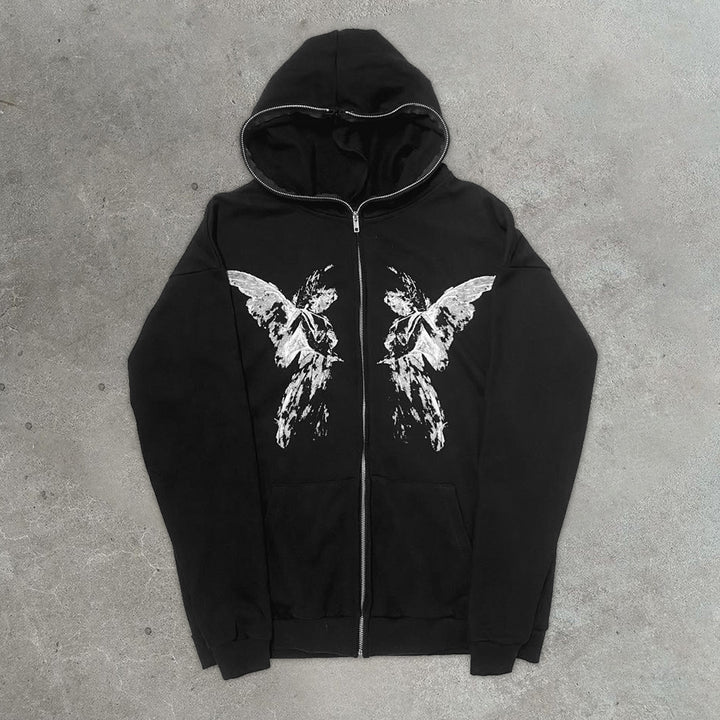 Casual Vintage Angel Print Street Full Zip Hoodie