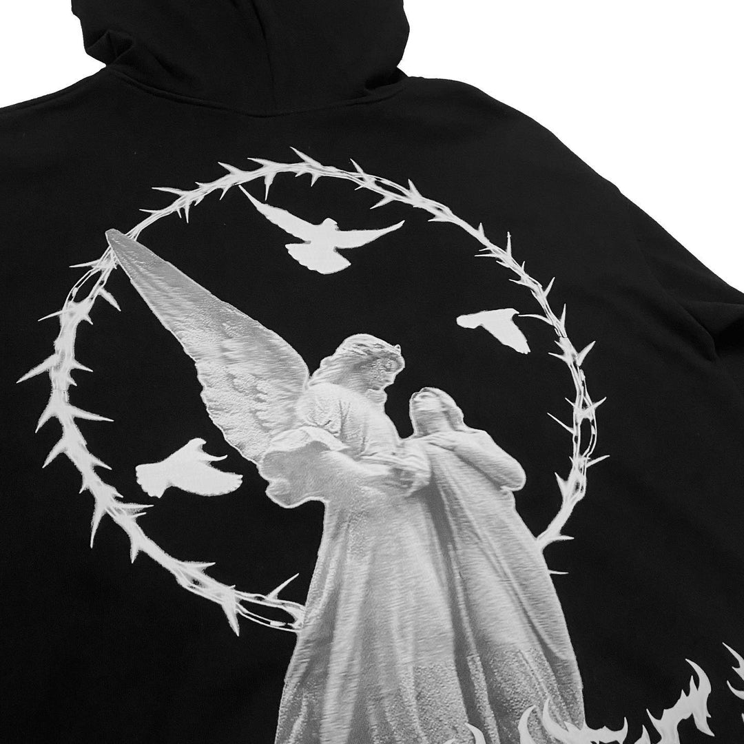 Casual Vintage Angel Print Street Full Zip Hoodie