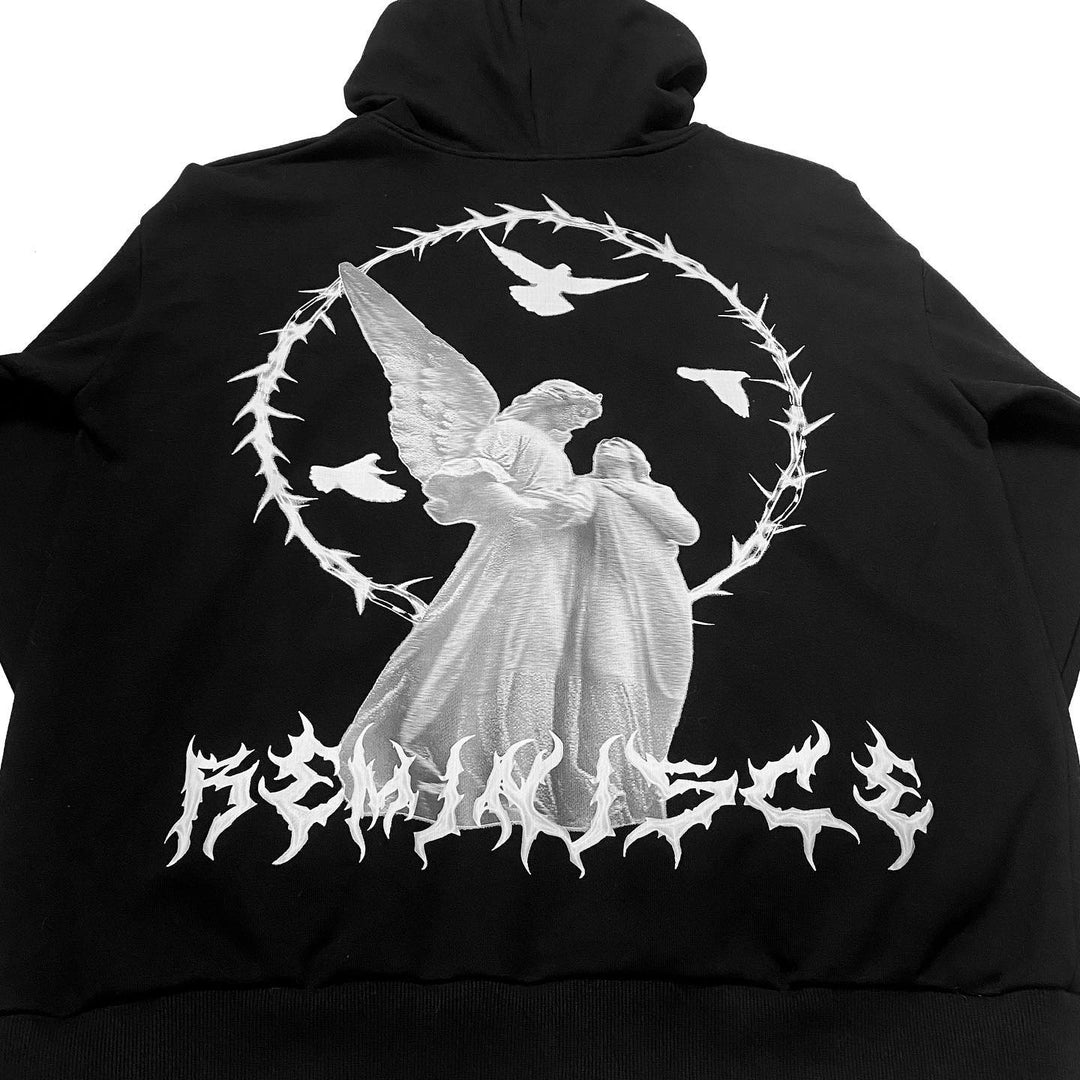 Casual Vintage Angel Print Street Full Zip Hoodie