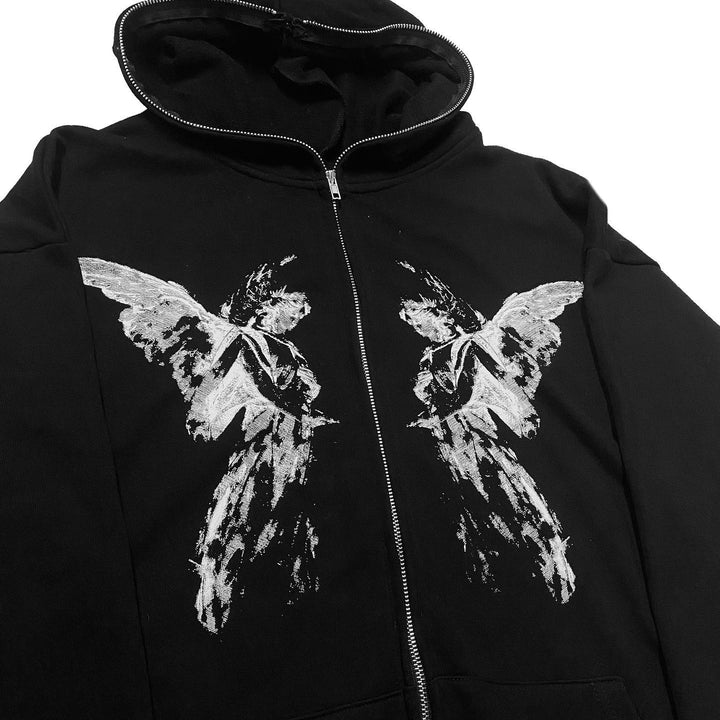 Casual Vintage Angel Print Street Full Zip Hoodie