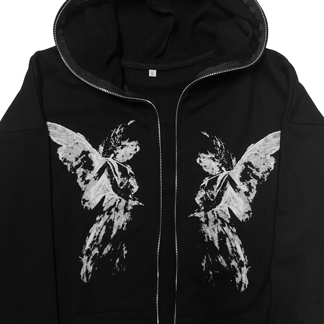 Casual Vintage Angel Print Street Full Zip Hoodie