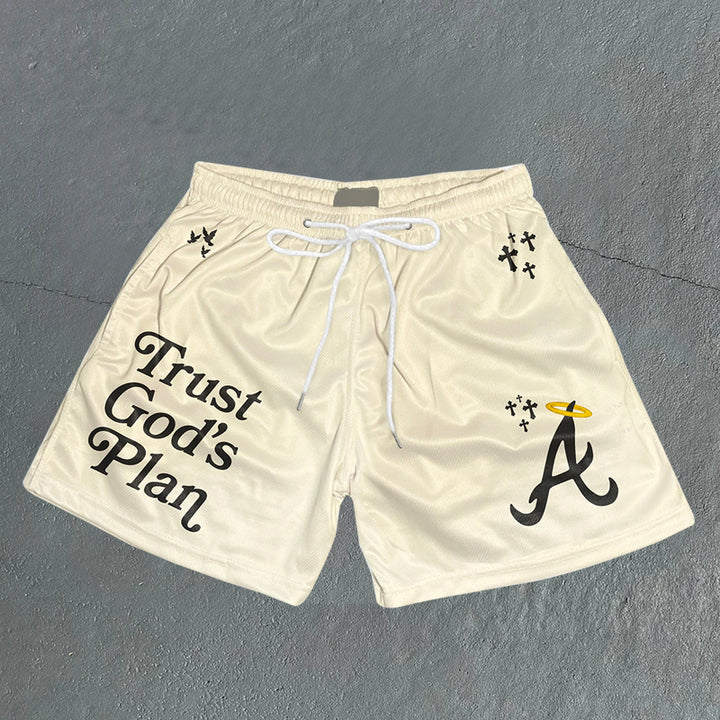 Trust God's Plan graphic-print mesh shorts