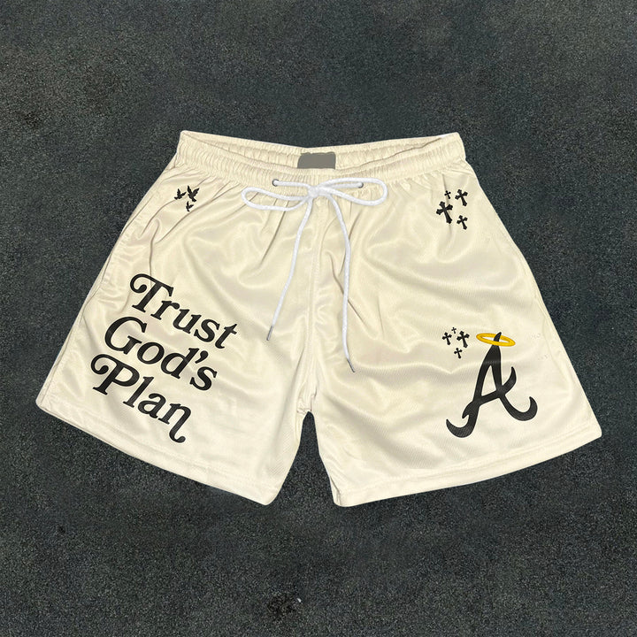 Trust God's Plan graphic-print mesh shorts