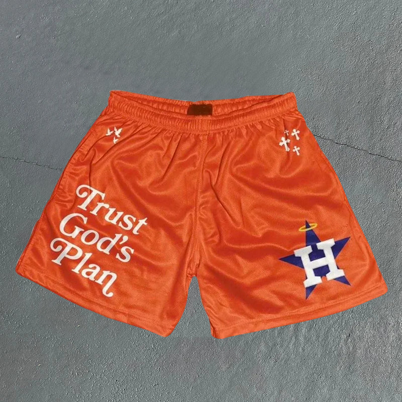 Trust God's Plan graphic-print mesh shorts