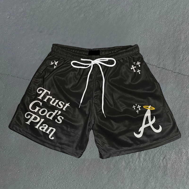 Trust God's Plan graphic-print mesh shorts