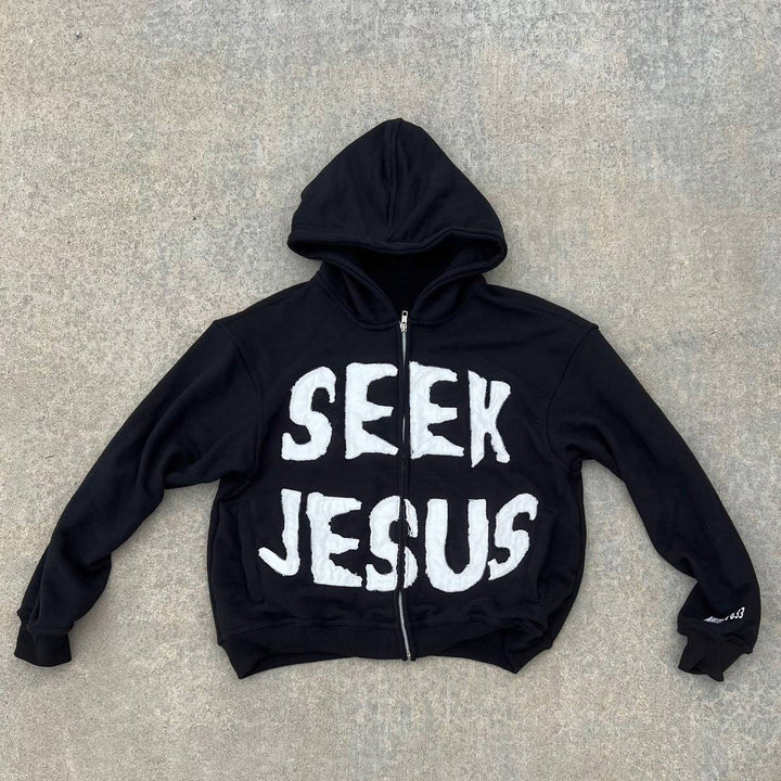 Seek Jesus Print Long Sleeve Applique Embroidered Zipper Hoodies