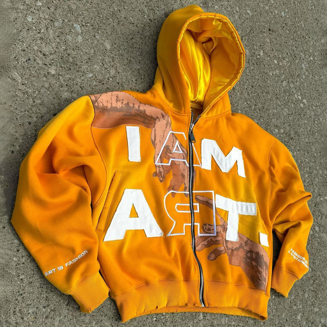 I Am Art Print Long Sleeve Zipper Applique Embroidered Hoodies