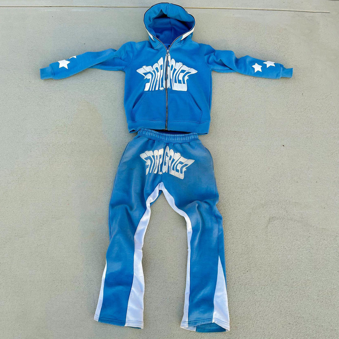 Lucky puff printing full zip hoodie trousers two piece set