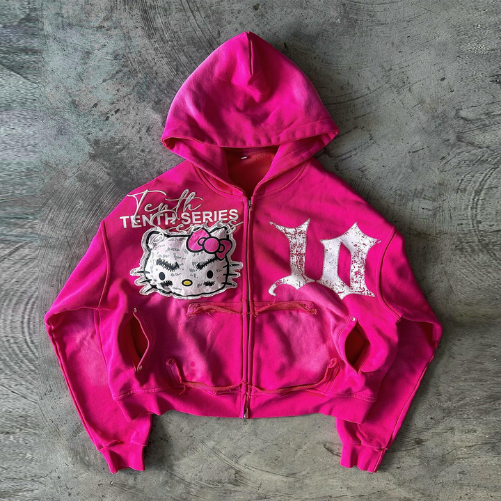 Vintage Cat Zip-Up Hoodie