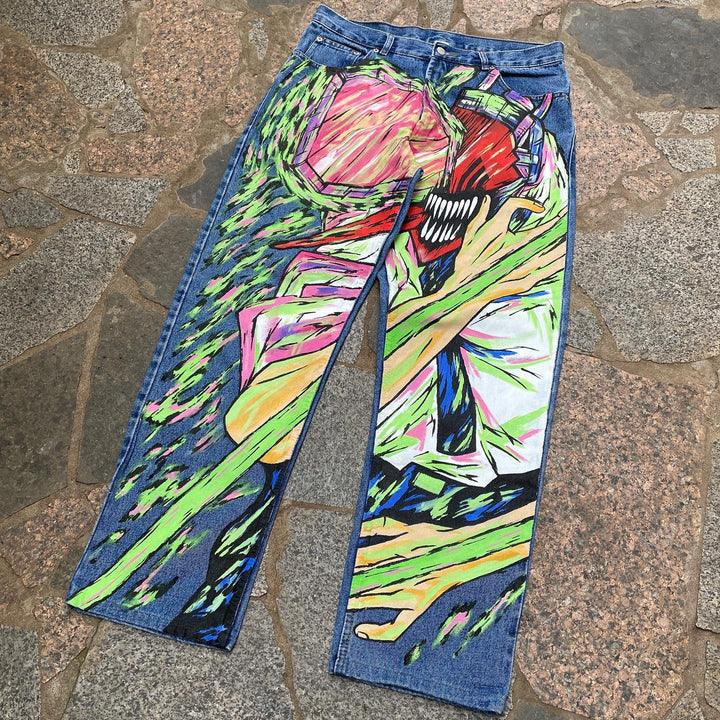 Trendy Hip Hop Print Comic Denim Jeans