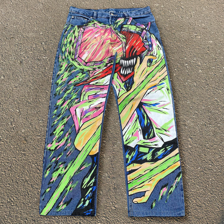 Trendy Hip Hop Print Comic Denim Jeans