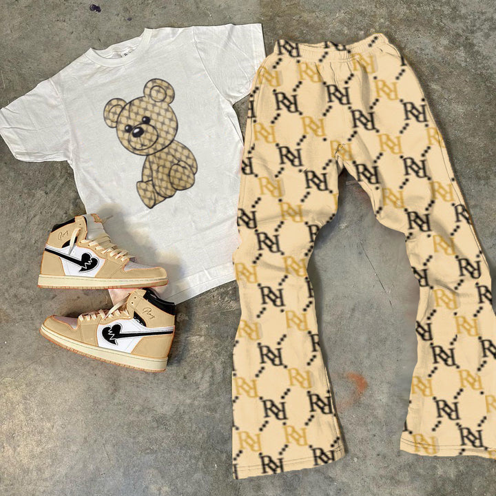 Bear Print T-Shirt Trousers Two-Piece Set