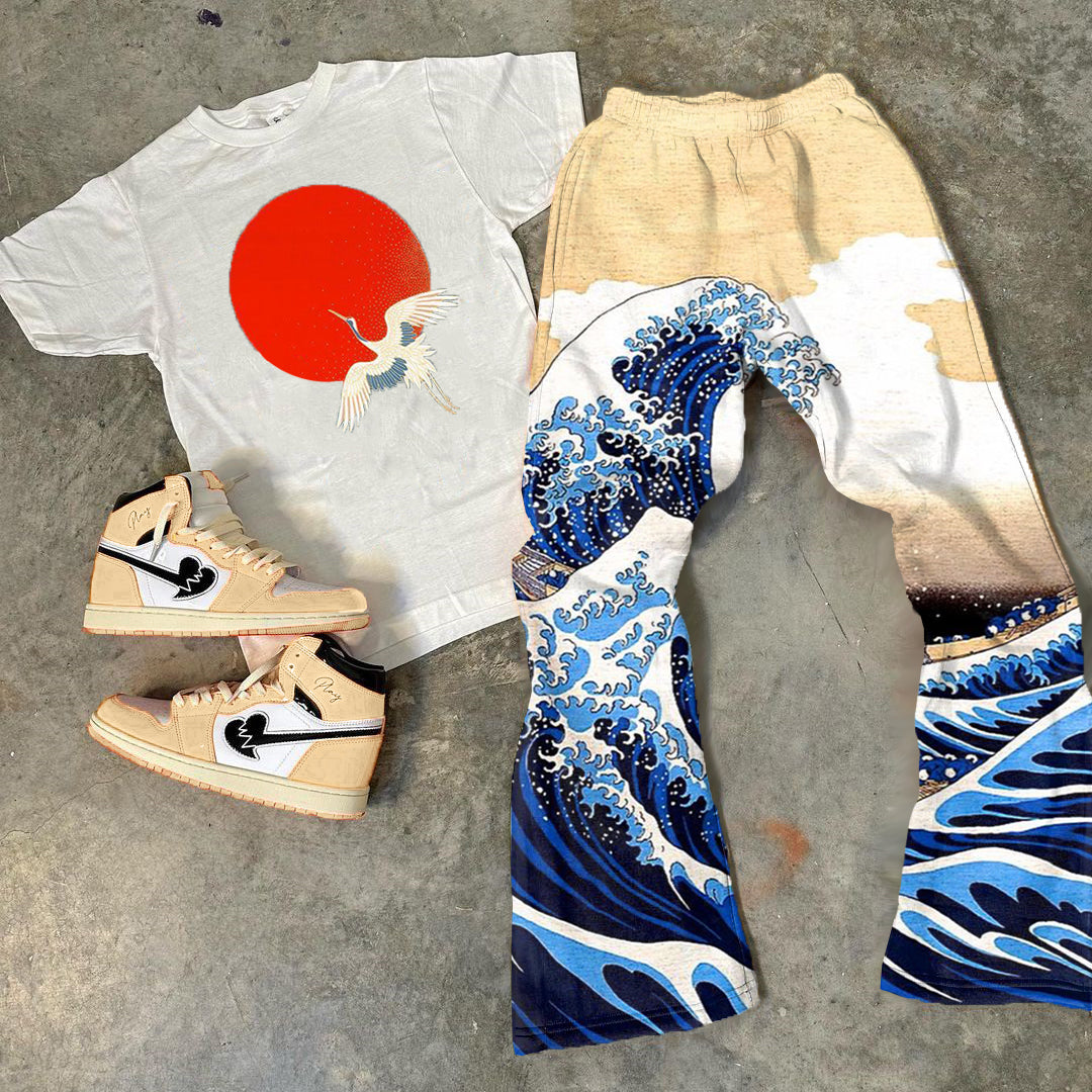 Waves Print T-Shirt Trousers Two-Piece Set