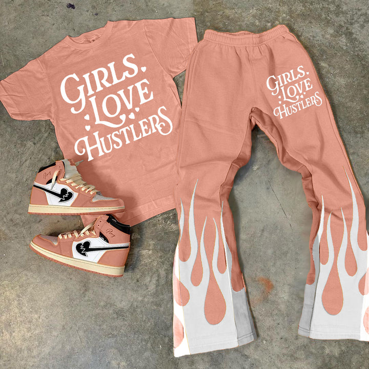 Girl Loves Hustlers Print T-Shirt Trousers Two-Piece Set