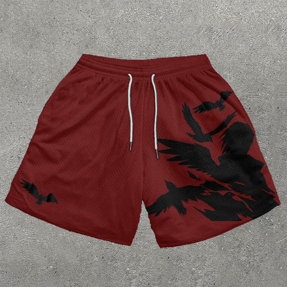 Casual Crow Print Mesh Shorts - boasready