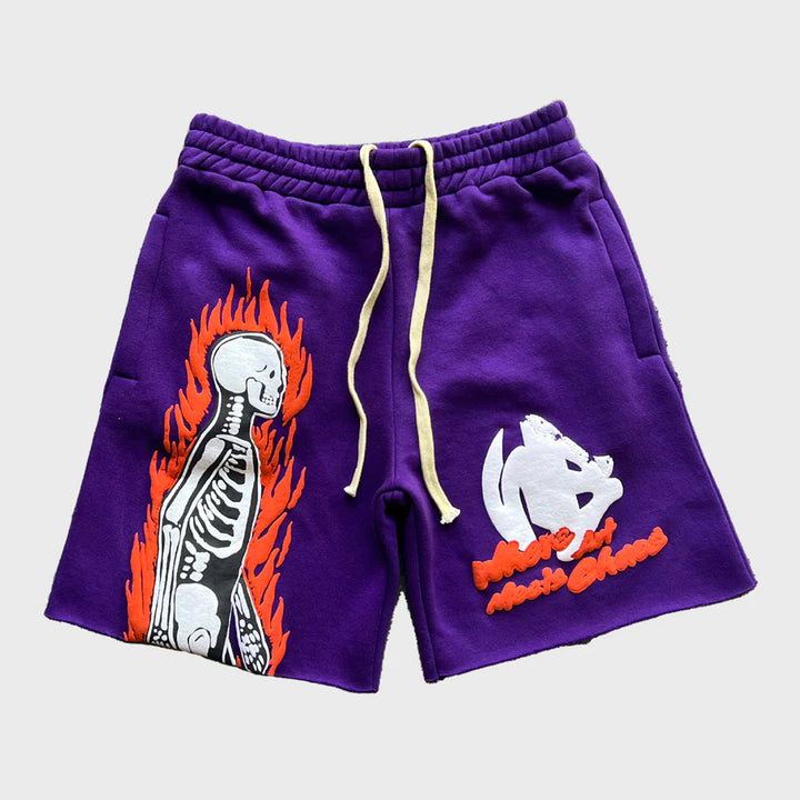 Skull & Flame Print Drawstring Shorts