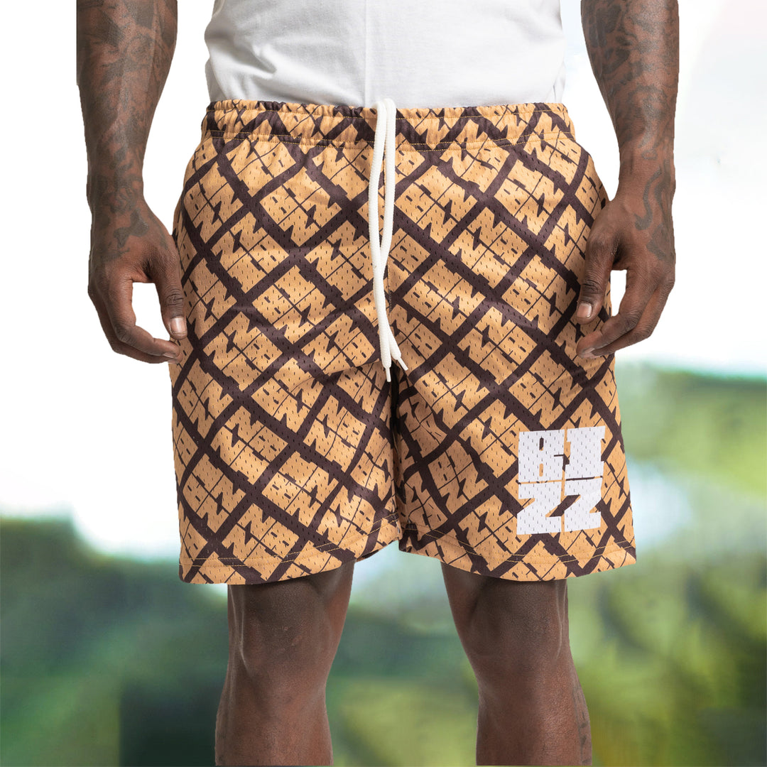 Vintage Khaki Printed Mesh Shorts - boasready