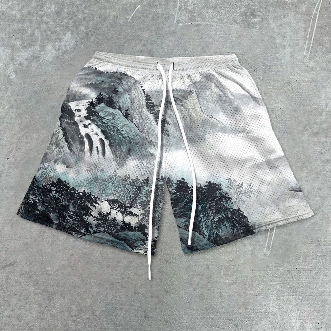 Artistic landscape painting trendy mesh shorts - boasready