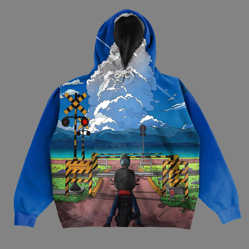 Anime Landscape Print Long Sleeve Hoodie - boasready