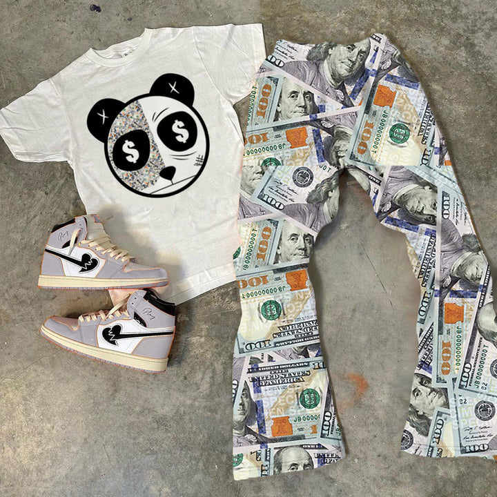 Money & Panda Print T-Shirt Trousers Two-Piece Set